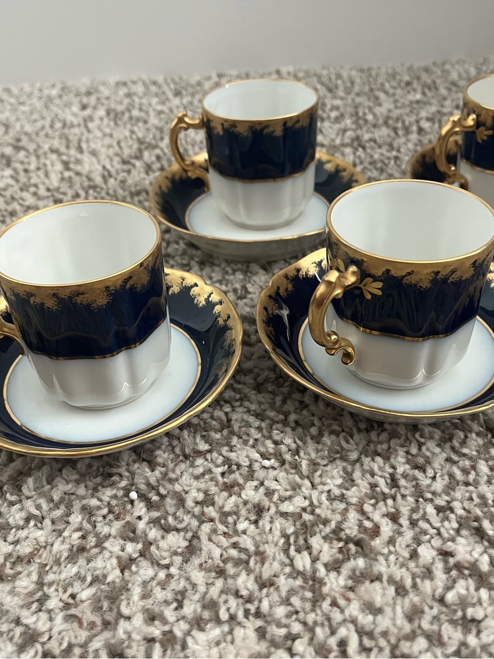1800s Flow blue/colbalt and Gold Trim Porcelain Espresso Cup & Saucer Set